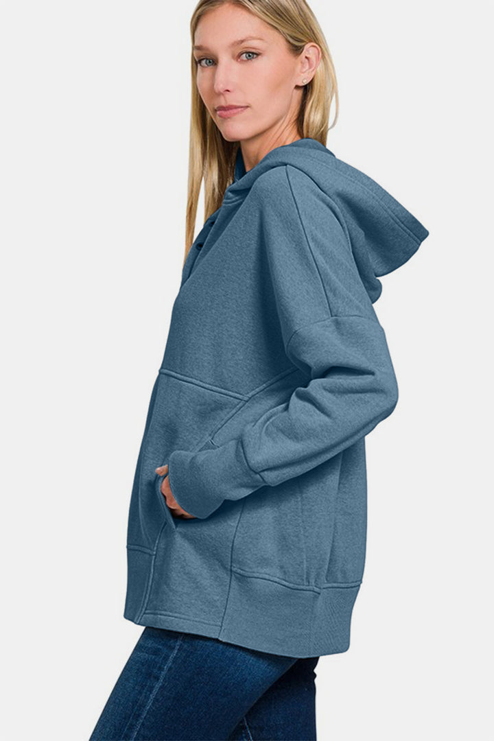 Sporty Chic Half-Snap Hoodie - Dusty Blue