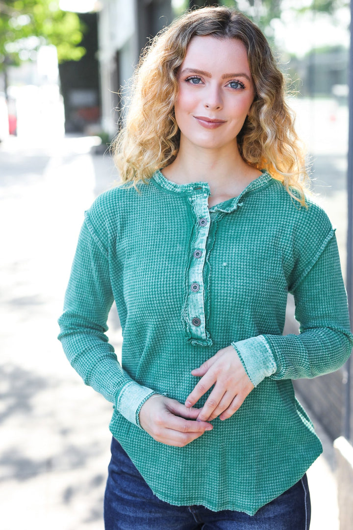 Cozy Days - Baby Waffle Henley Top - Forest