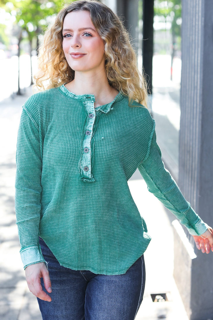 Cozy Days - Baby Waffle Henley Top - Forest