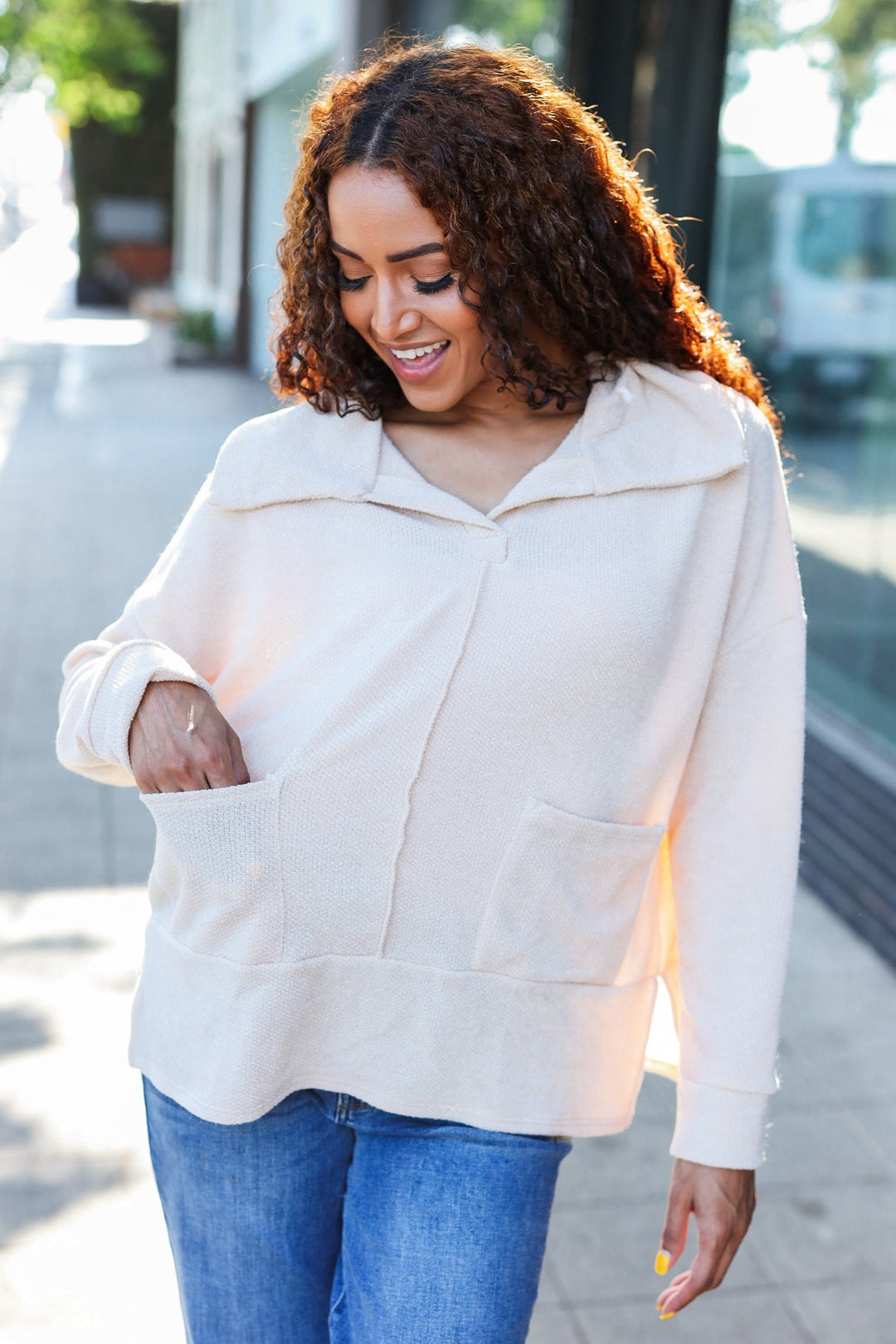 Mind Over Matter - Textured Knit Oversized Top - Oatmeal