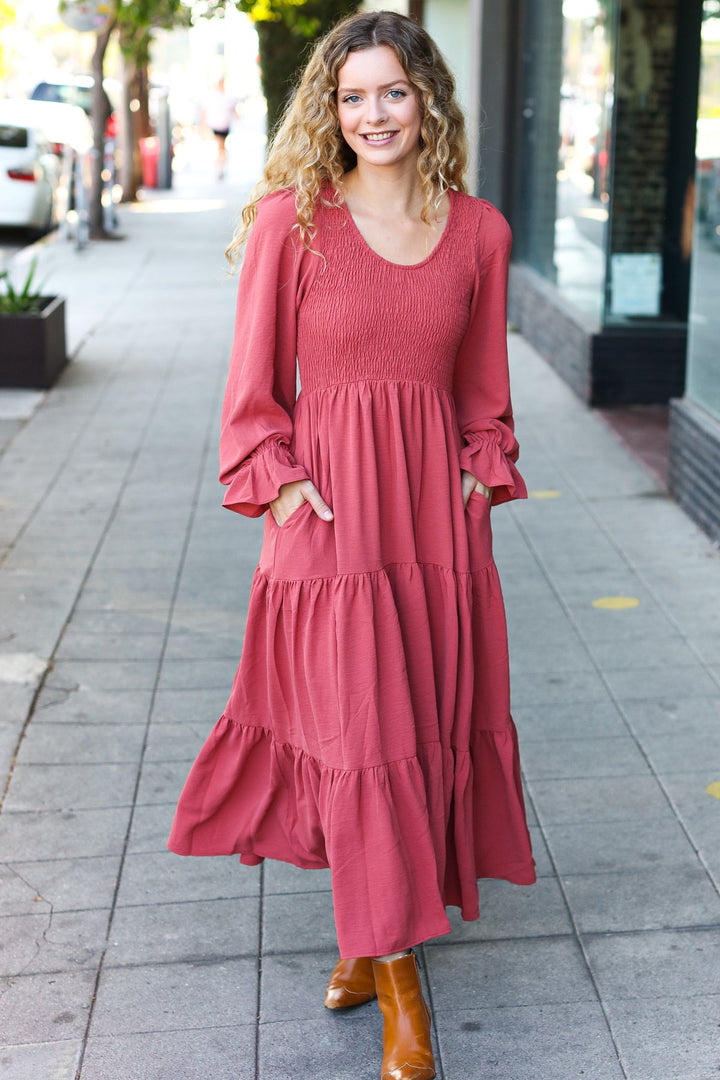 Smocked Ruffle-Sleeve Maxi Dress - Marsala