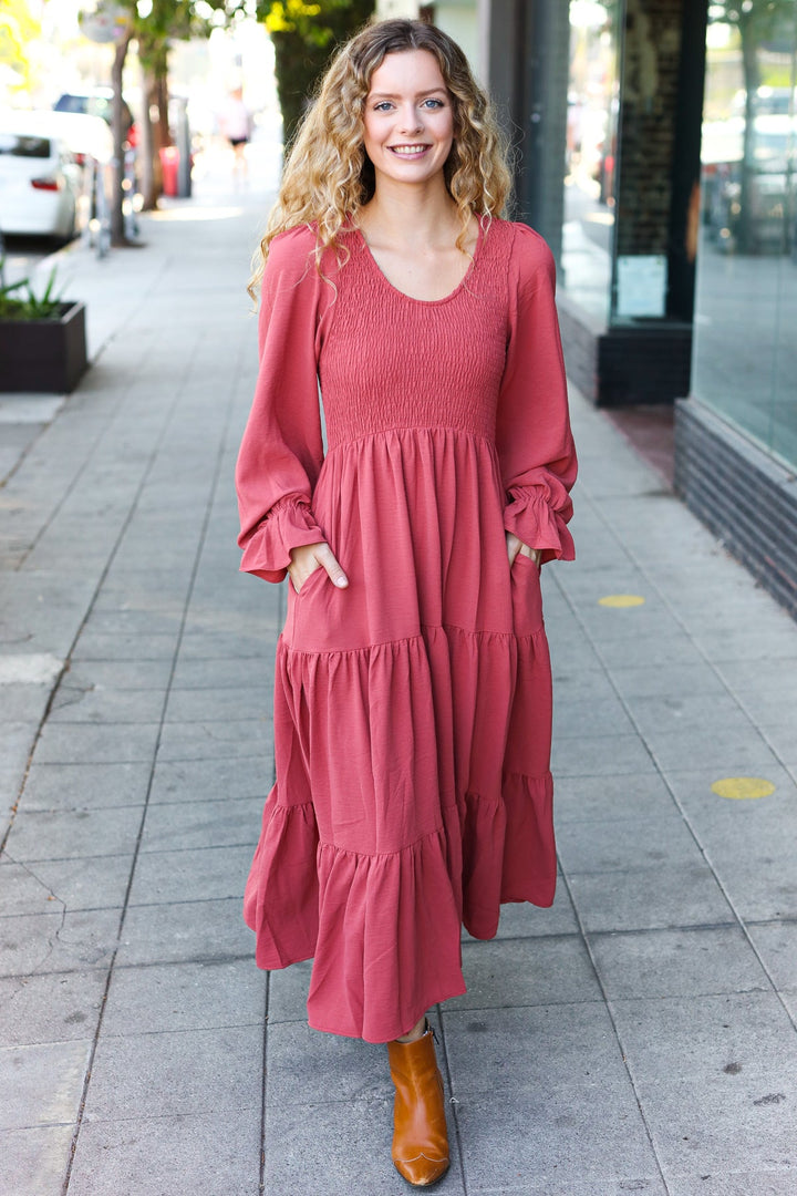 Smocked Ruffle-Sleeve Maxi Dress - Marsala