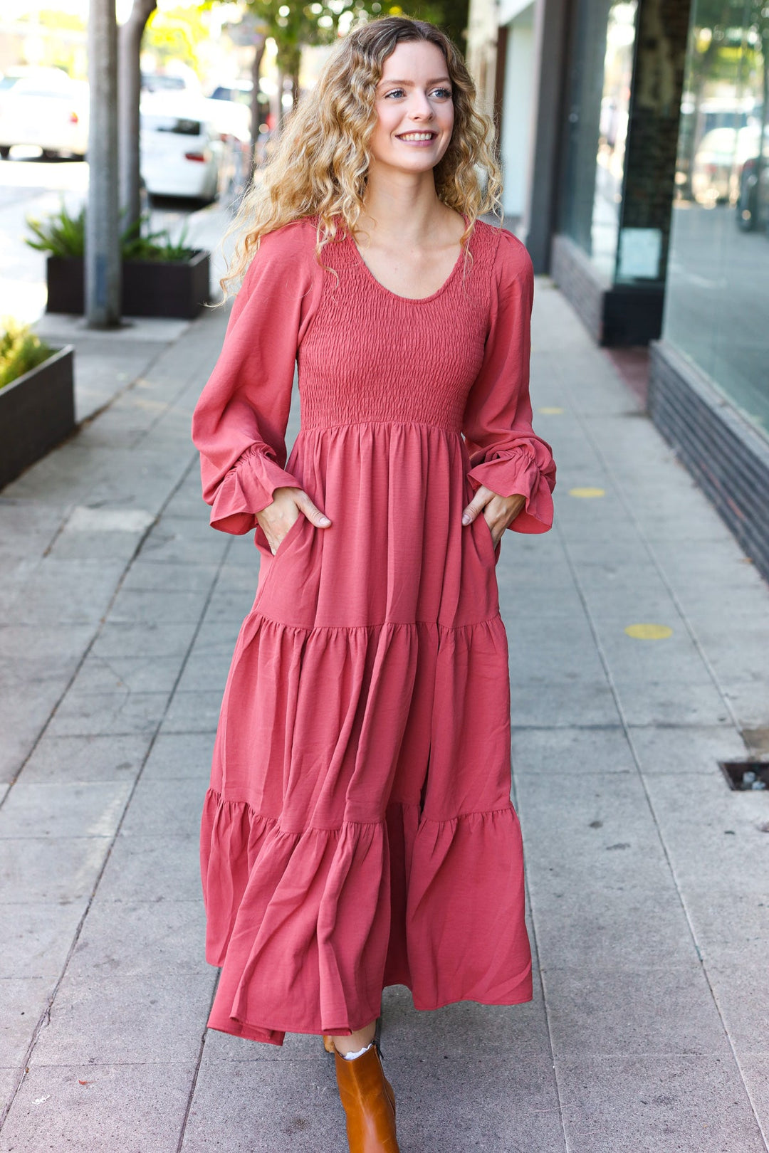 Smocked Ruffle-Sleeve Maxi Dress - Marsala