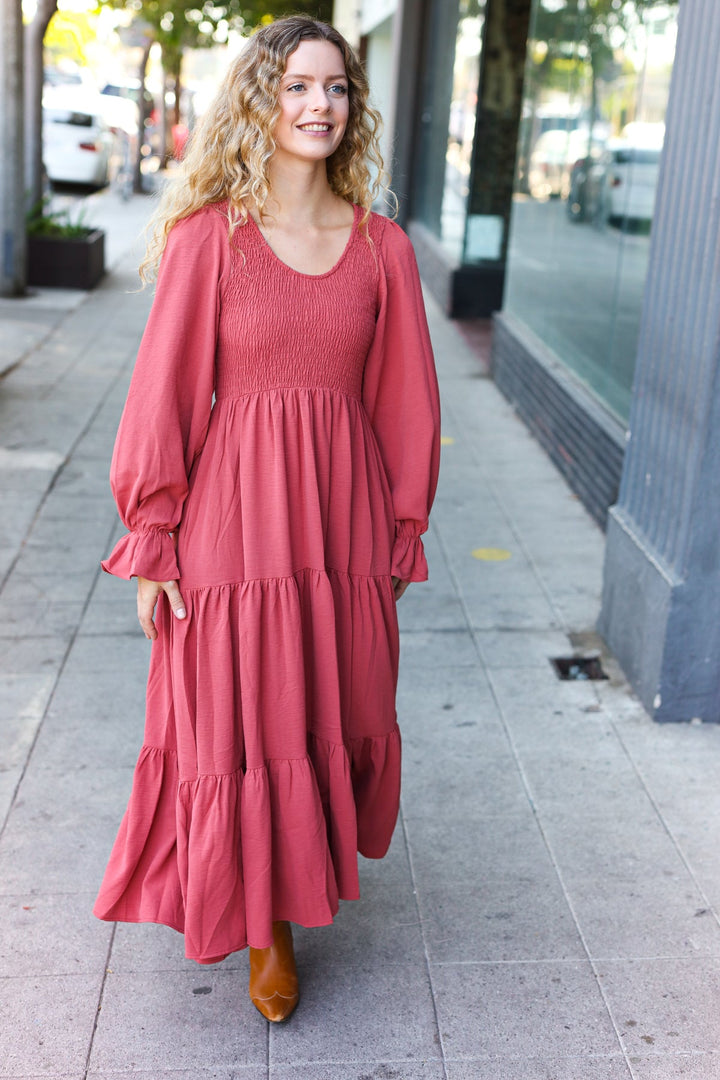 Smocked Ruffle-Sleeve Maxi Dress - Marsala