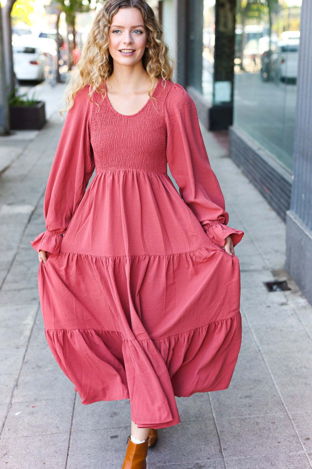 Smocked Ruffle-Sleeve Maxi Dress - Marsala