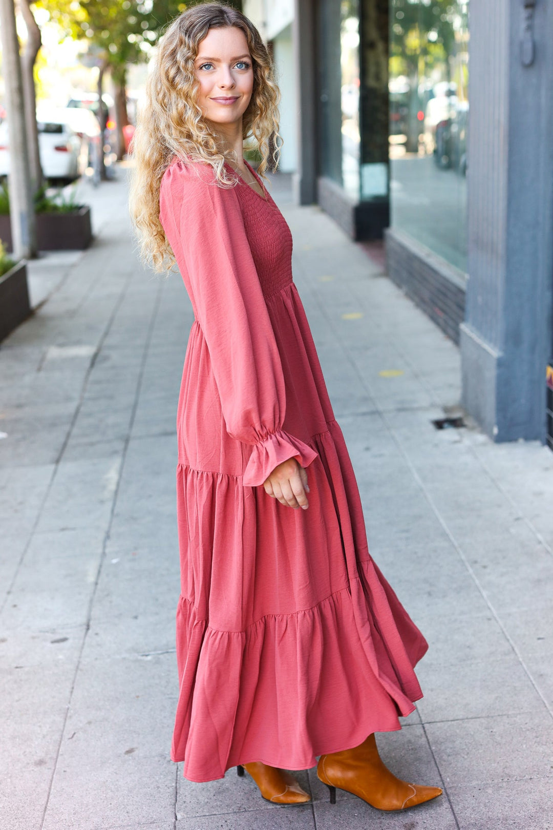 Smocked Ruffle-Sleeve Maxi Dress - Marsala