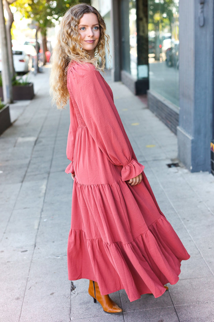 Smocked Ruffle-Sleeve Maxi Dress - Marsala