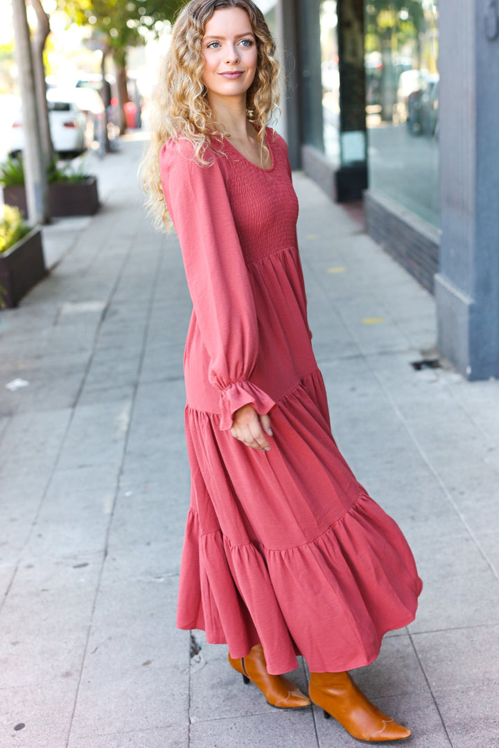 Smocked Ruffle-Sleeve Maxi Dress - Marsala