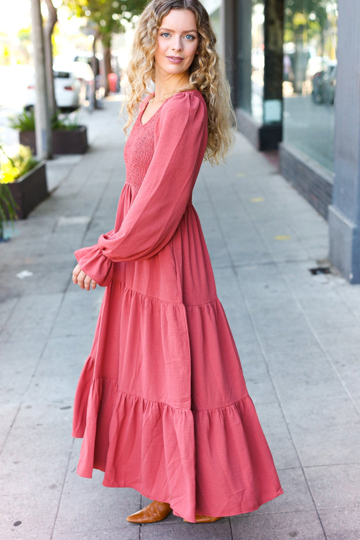 Smocked Ruffle-Sleeve Maxi Dress - Marsala