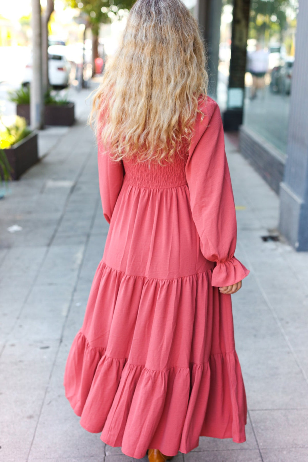 Smocked Ruffle-Sleeve Maxi Dress - Marsala