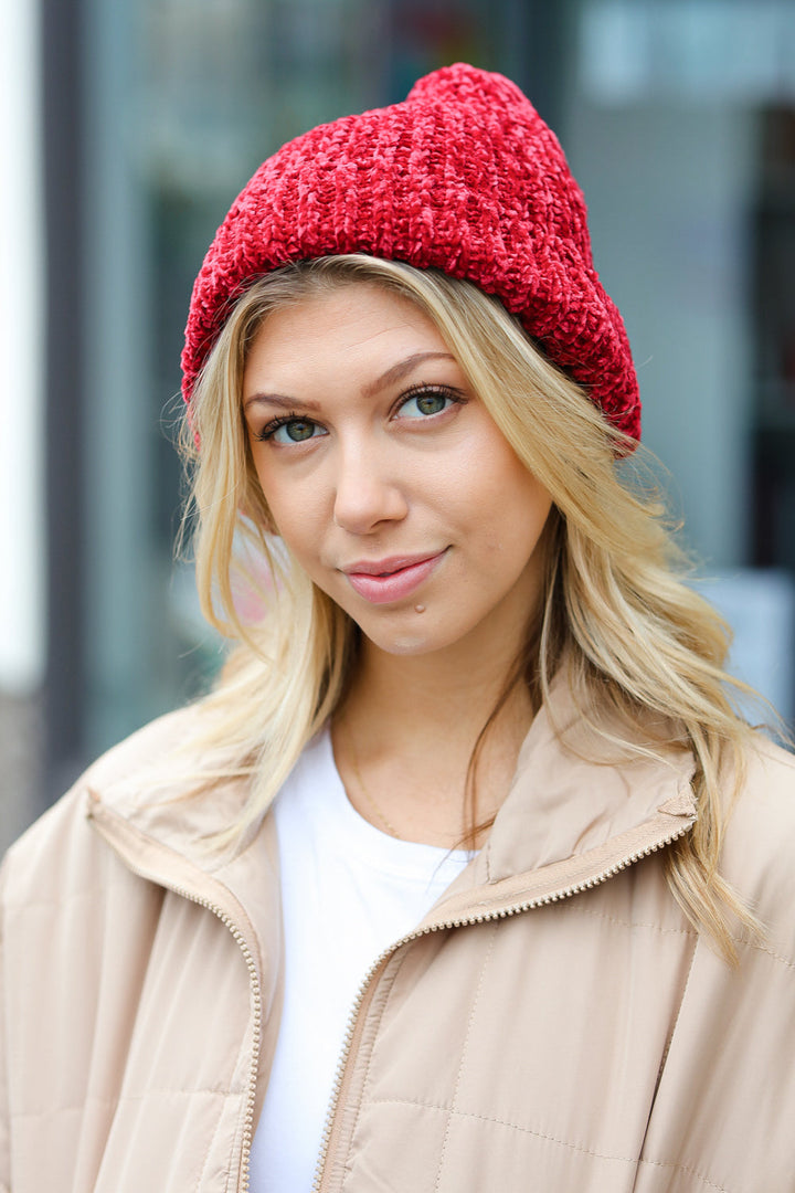 Chenille Fold-Over Beanie - Cranberry