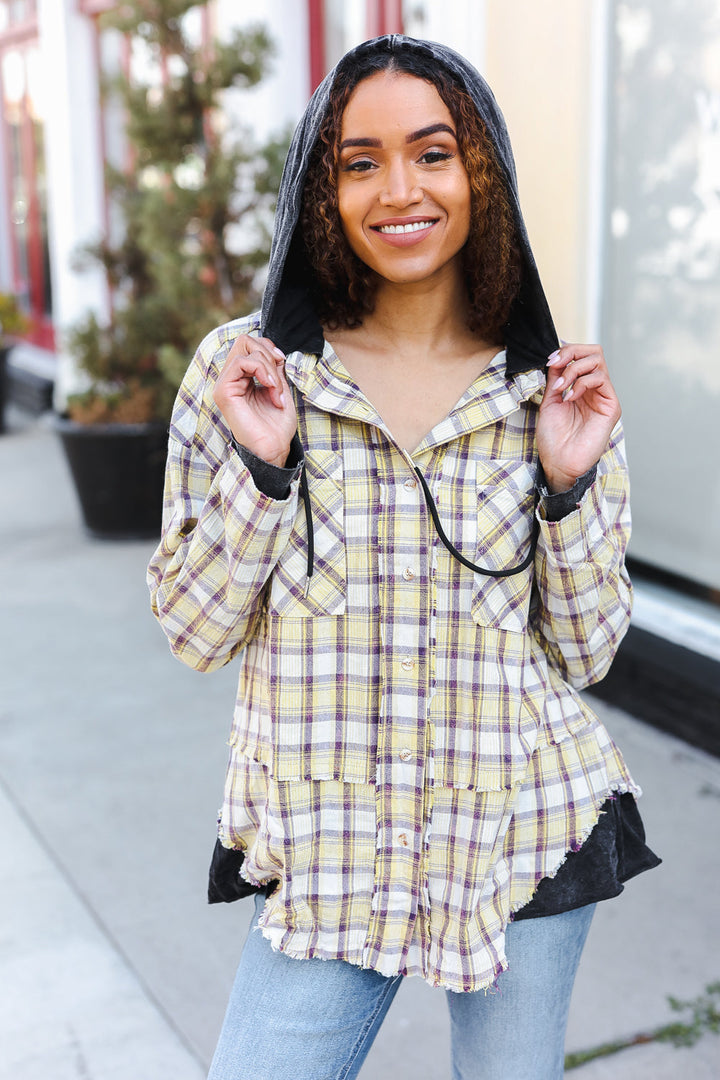 Two-For-One Plaid Shacket Cotton Hoodie