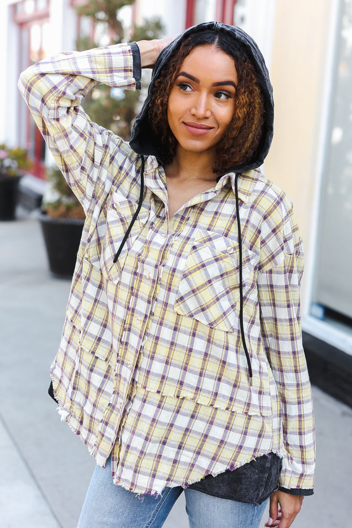 Two-For-One Plaid Shacket Cotton Hoodie