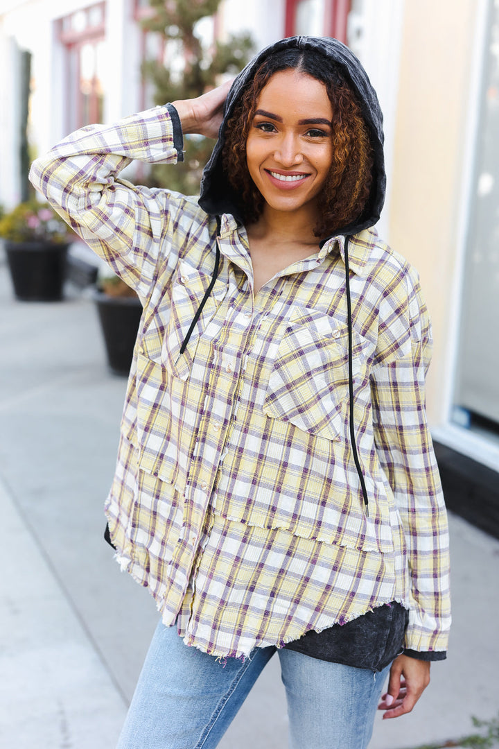 Two-For-One Plaid Shacket Cotton Hoodie