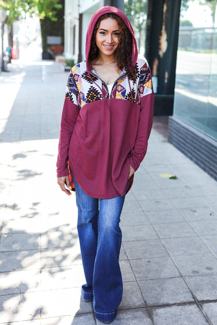 Burgundy Tribal-Print Longline Hoodie