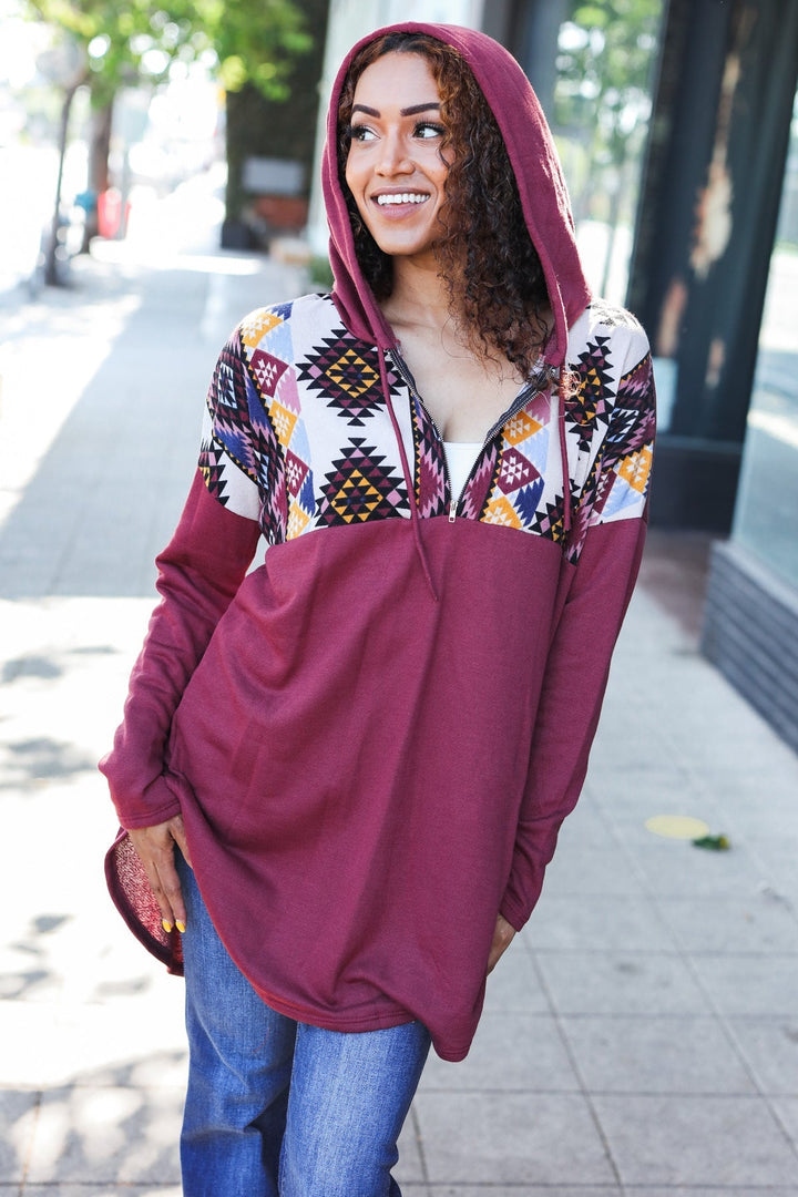 Burgundy Tribal-Print Longline Hoodie