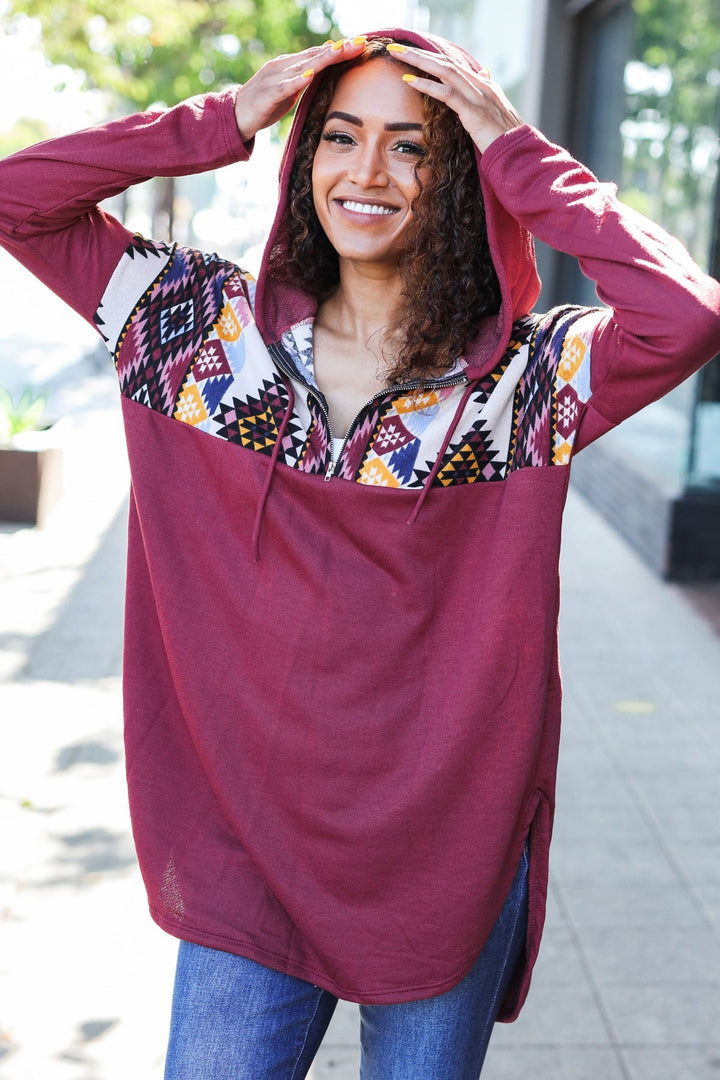 Burgundy Tribal-Print Longline Hoodie