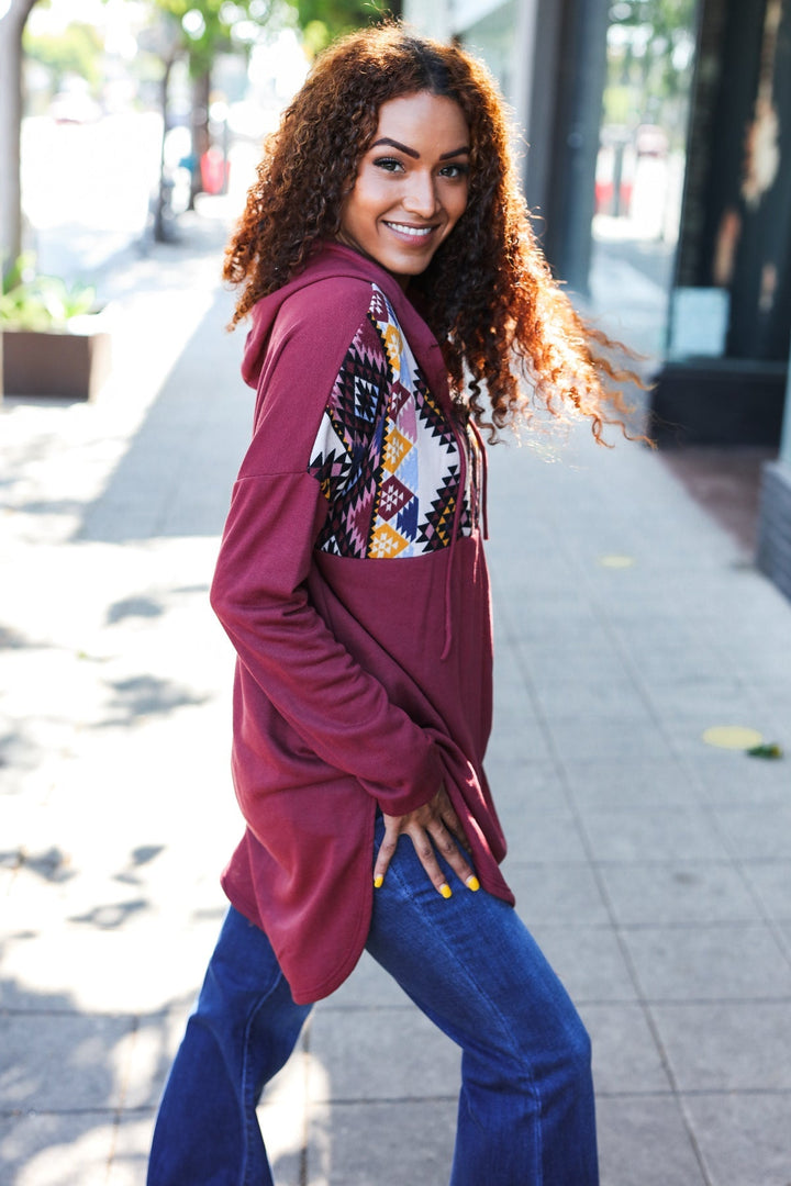 Burgundy Tribal-Print Longline Hoodie