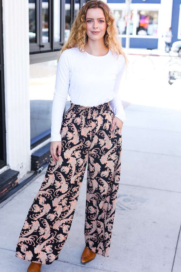 Silky Feel - Black Paisley Palazzo Pants