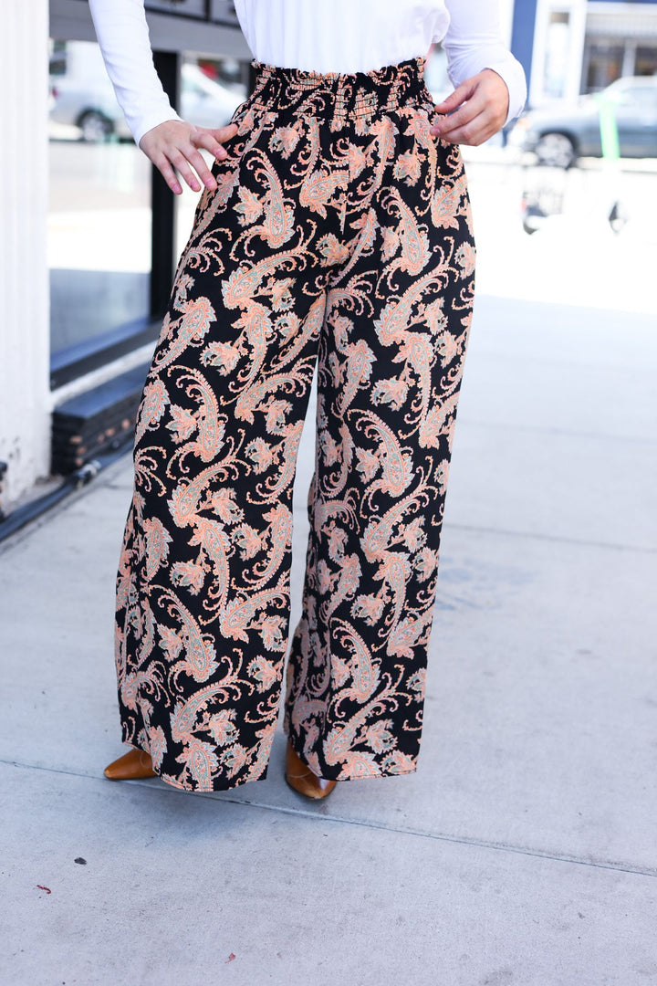 Silky Feel - Black Paisley Palazzo Pants