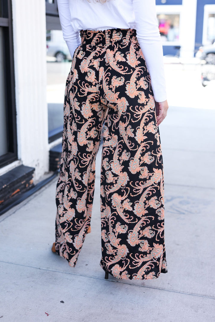 Silky Feel - Black Paisley Palazzo Pants