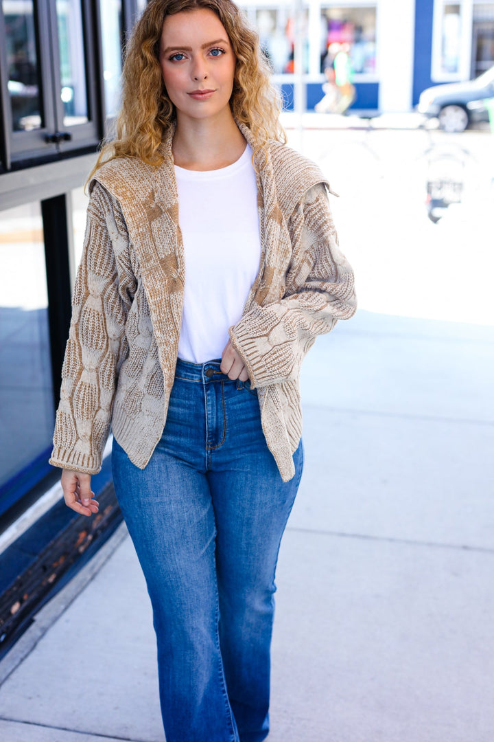 Taupe Textured Cable-Knit Collared Cardigan