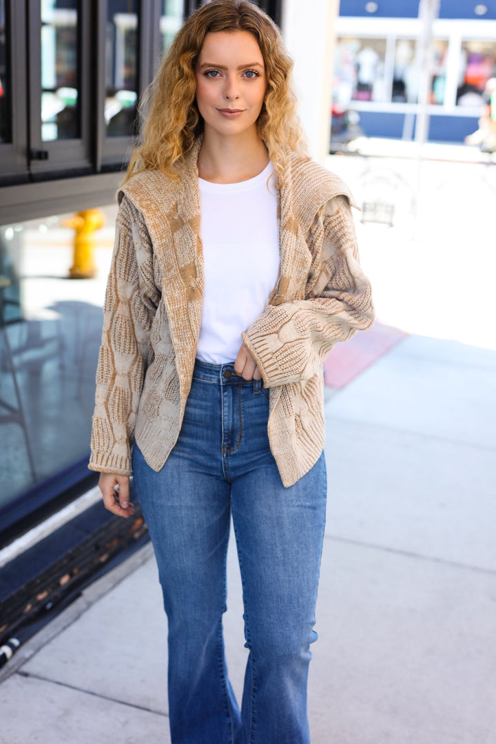 Taupe Textured Cable-Knit Collared Cardigan