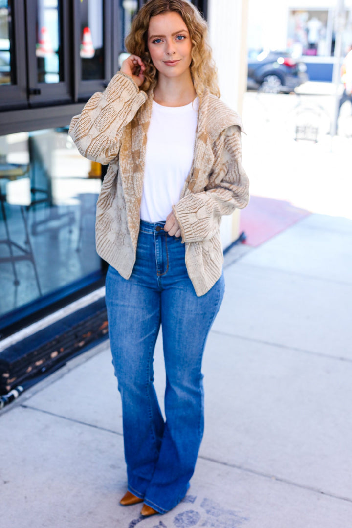 Taupe Textured Cable-Knit Collared Cardigan