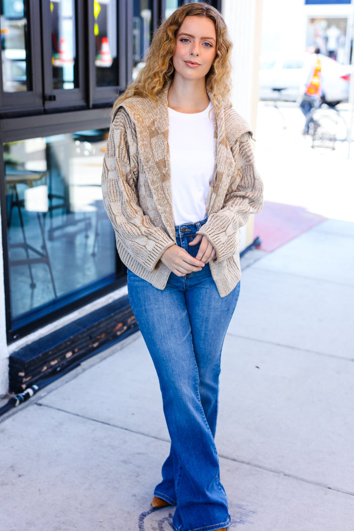 Taupe Textured Cable-Knit Collared Cardigan