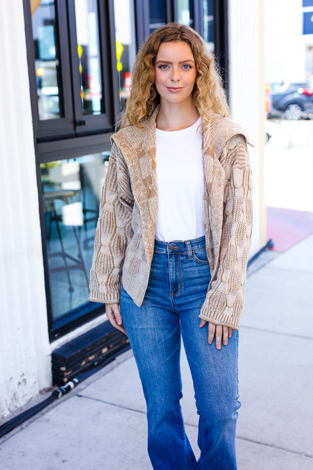 Taupe Textured Cable-Knit Collared Cardigan