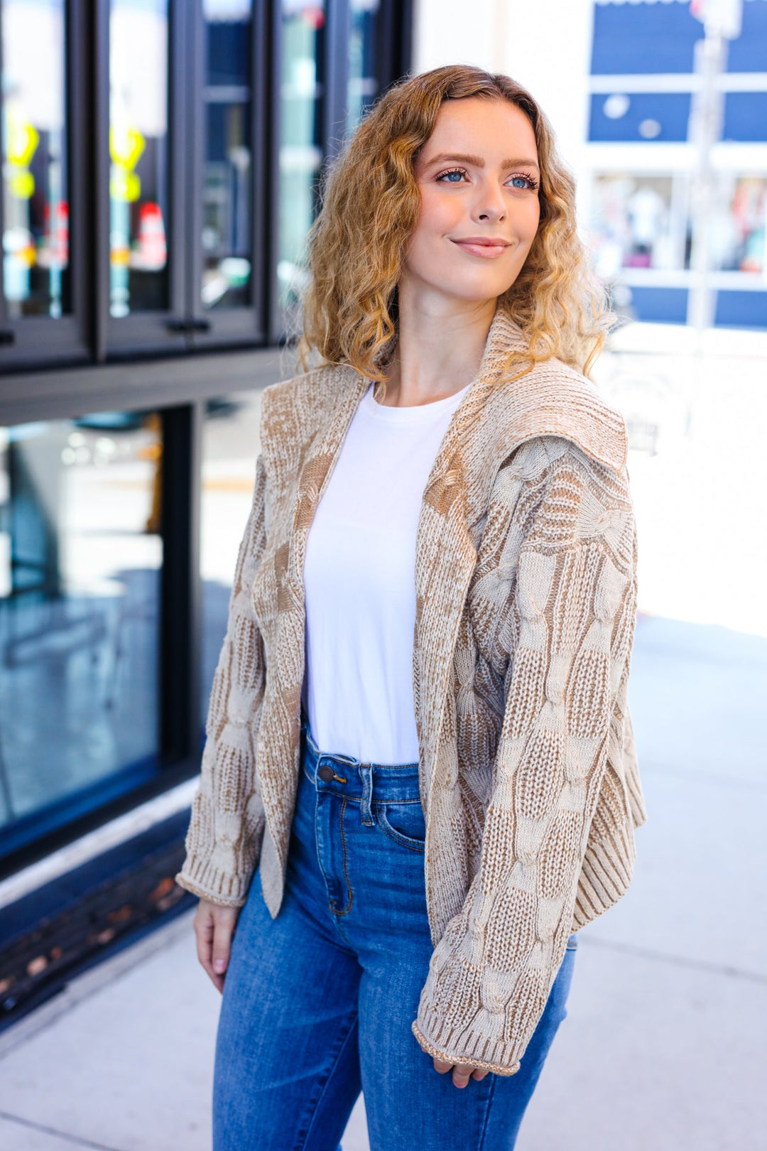 Taupe Textured Cable-Knit Collared Cardigan