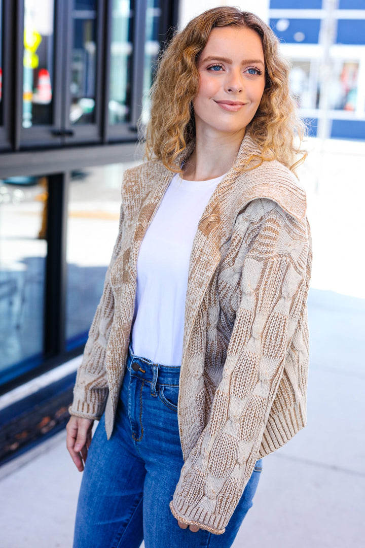 Taupe Textured Cable-Knit Collared Cardigan