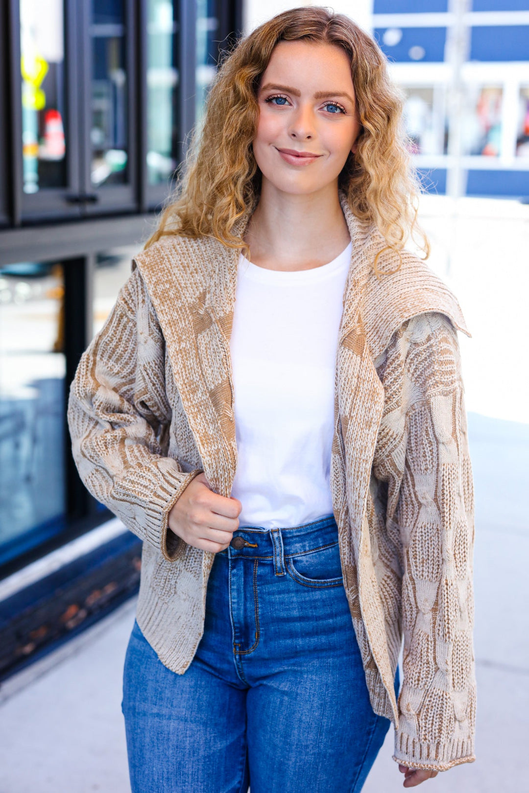 Taupe Textured Cable-Knit Collared Cardigan