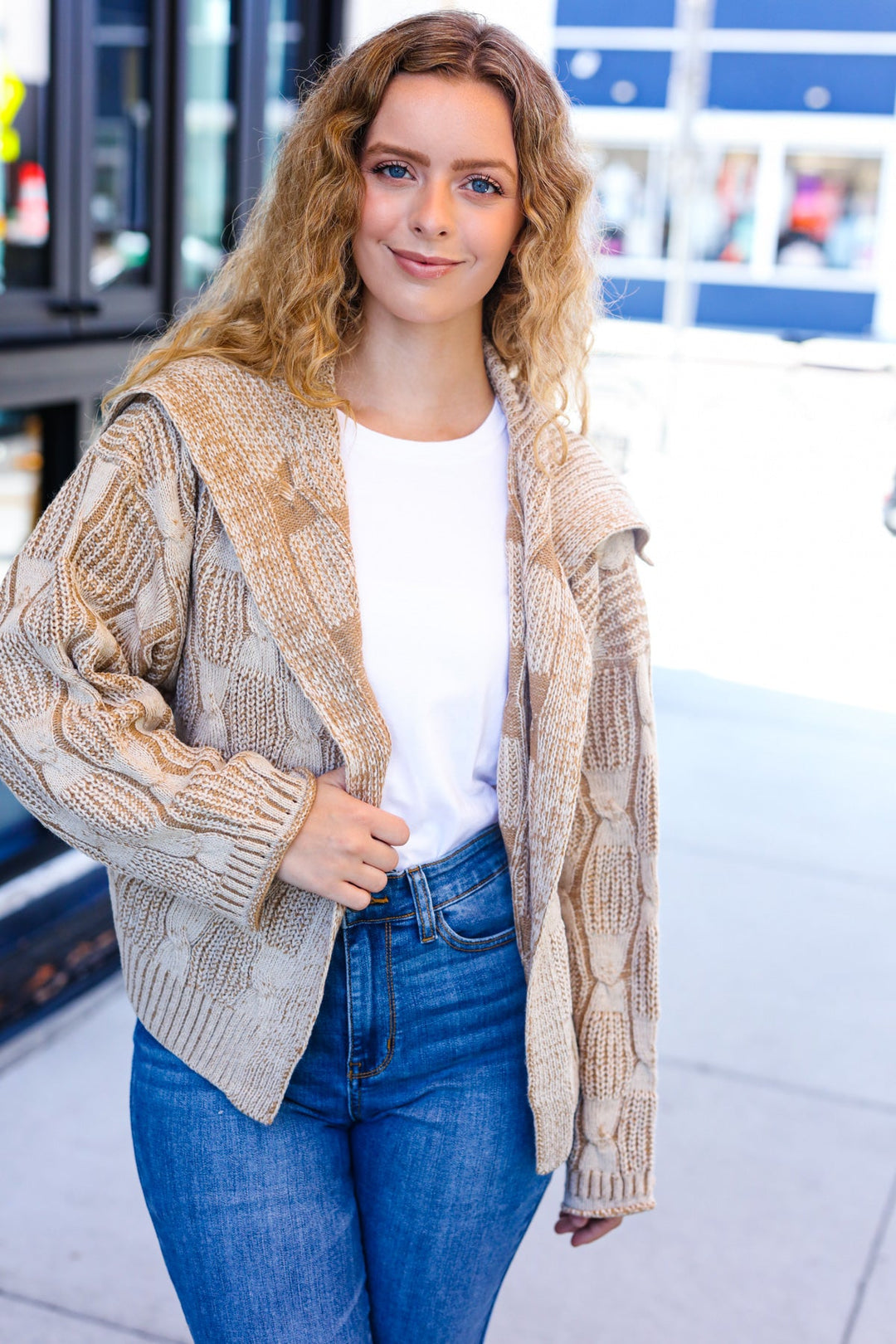 Taupe Textured Cable-Knit Collared Cardigan