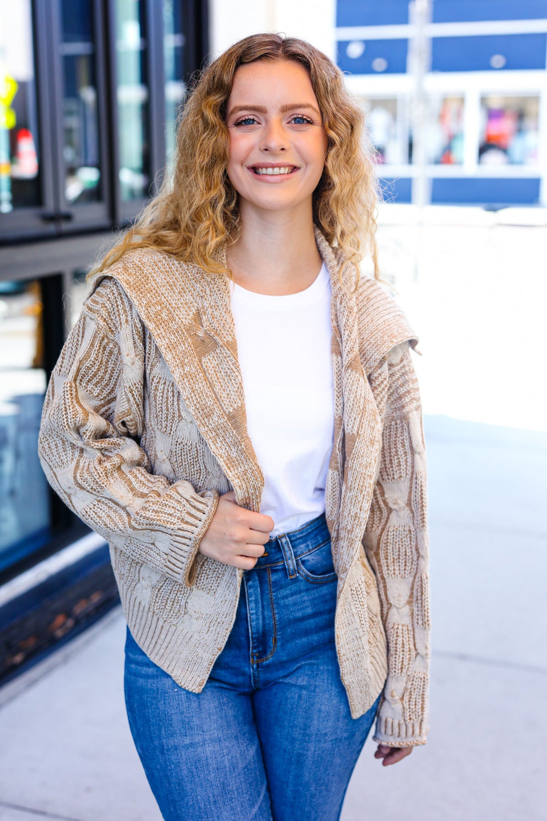 Taupe Textured Cable-Knit Collared Cardigan