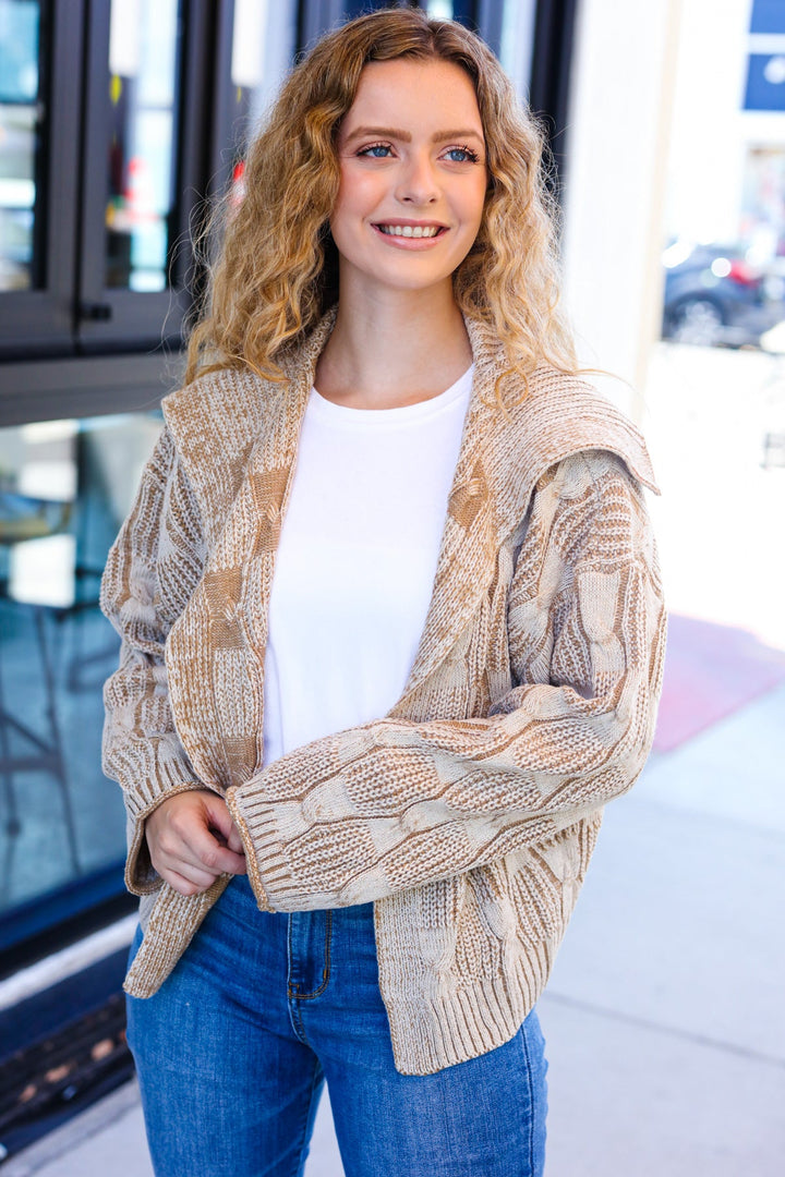 Taupe Textured Cable-Knit Collared Cardigan