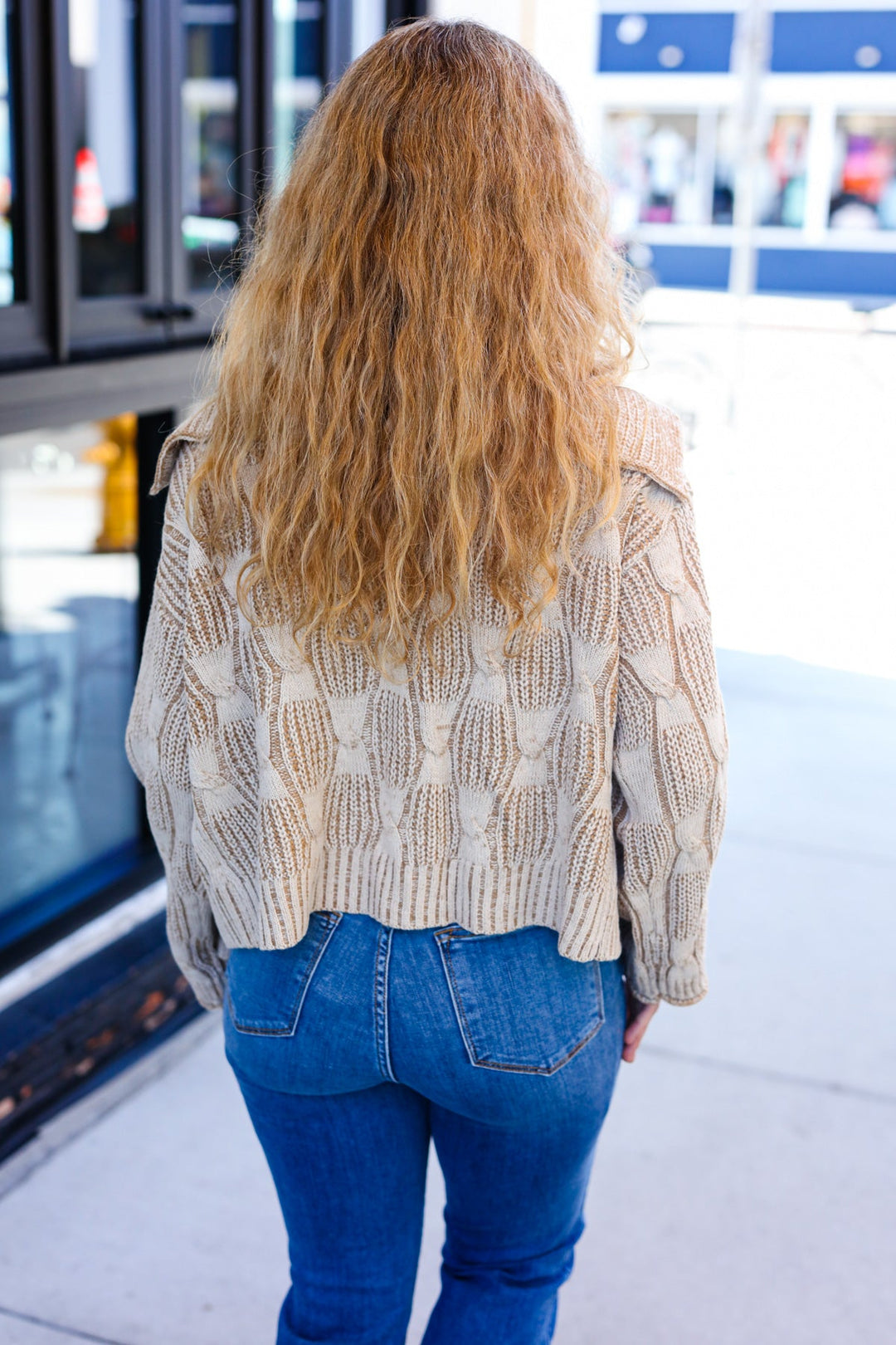 Taupe Textured Cable-Knit Collared Cardigan