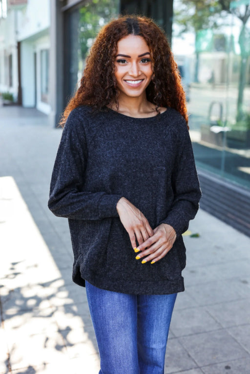 Spread Joy - Cozy Charcoal Brushed Sweater Top