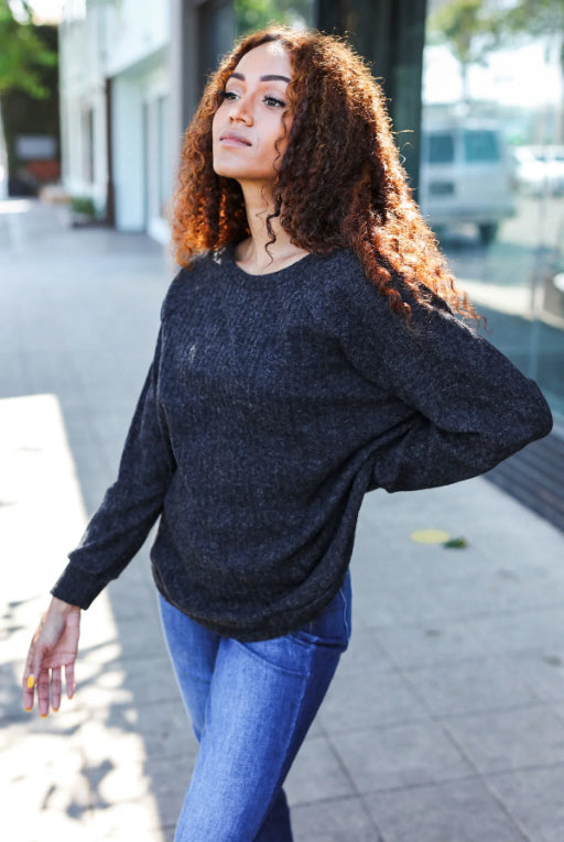 Spread Joy - Cozy Charcoal Brushed Sweater Top