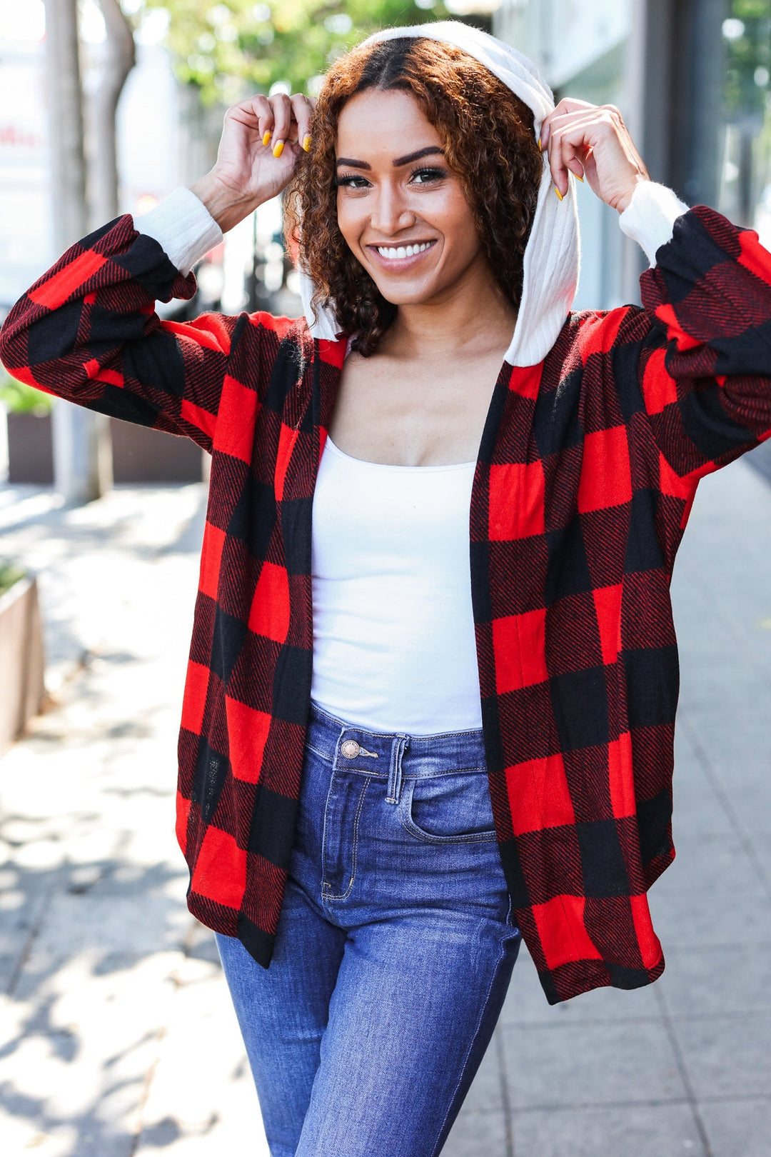 All Put Together - Buffalo Plaid Hooded Sweater Cardigan