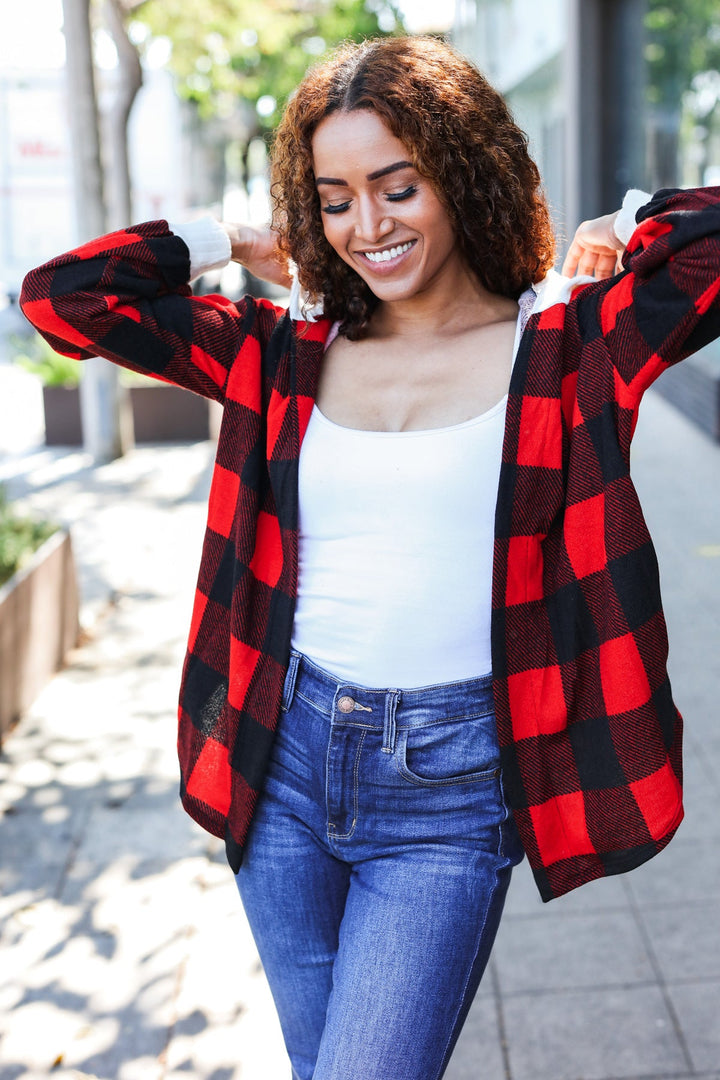 All Put Together - Buffalo Plaid Hooded Sweater Cardigan