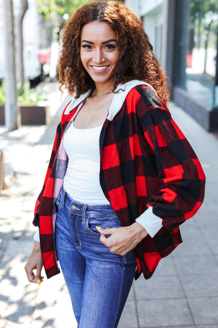 All Put Together - Buffalo Plaid Hooded Sweater Cardigan