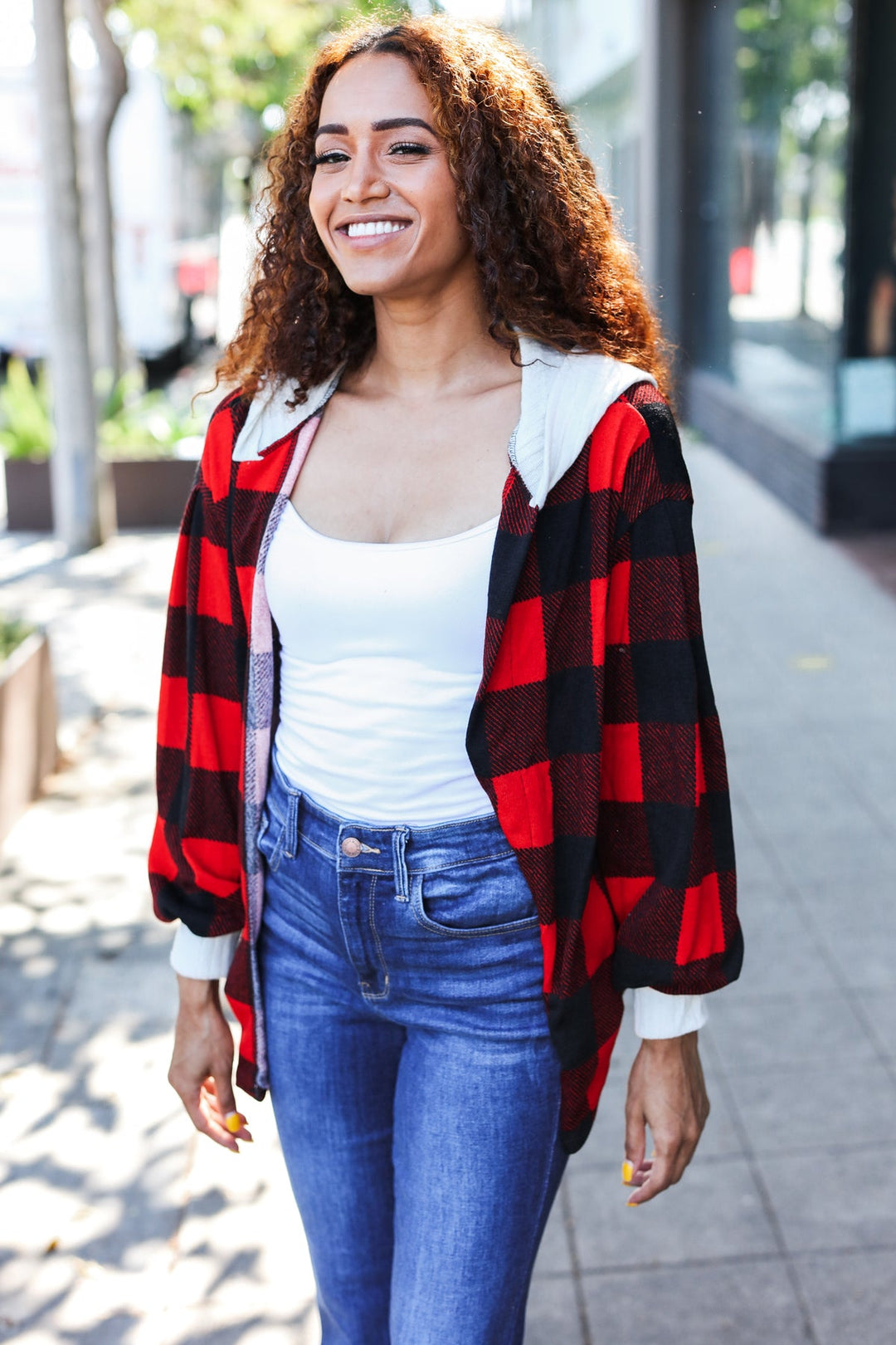 All Put Together - Buffalo Plaid Hooded Sweater Cardigan