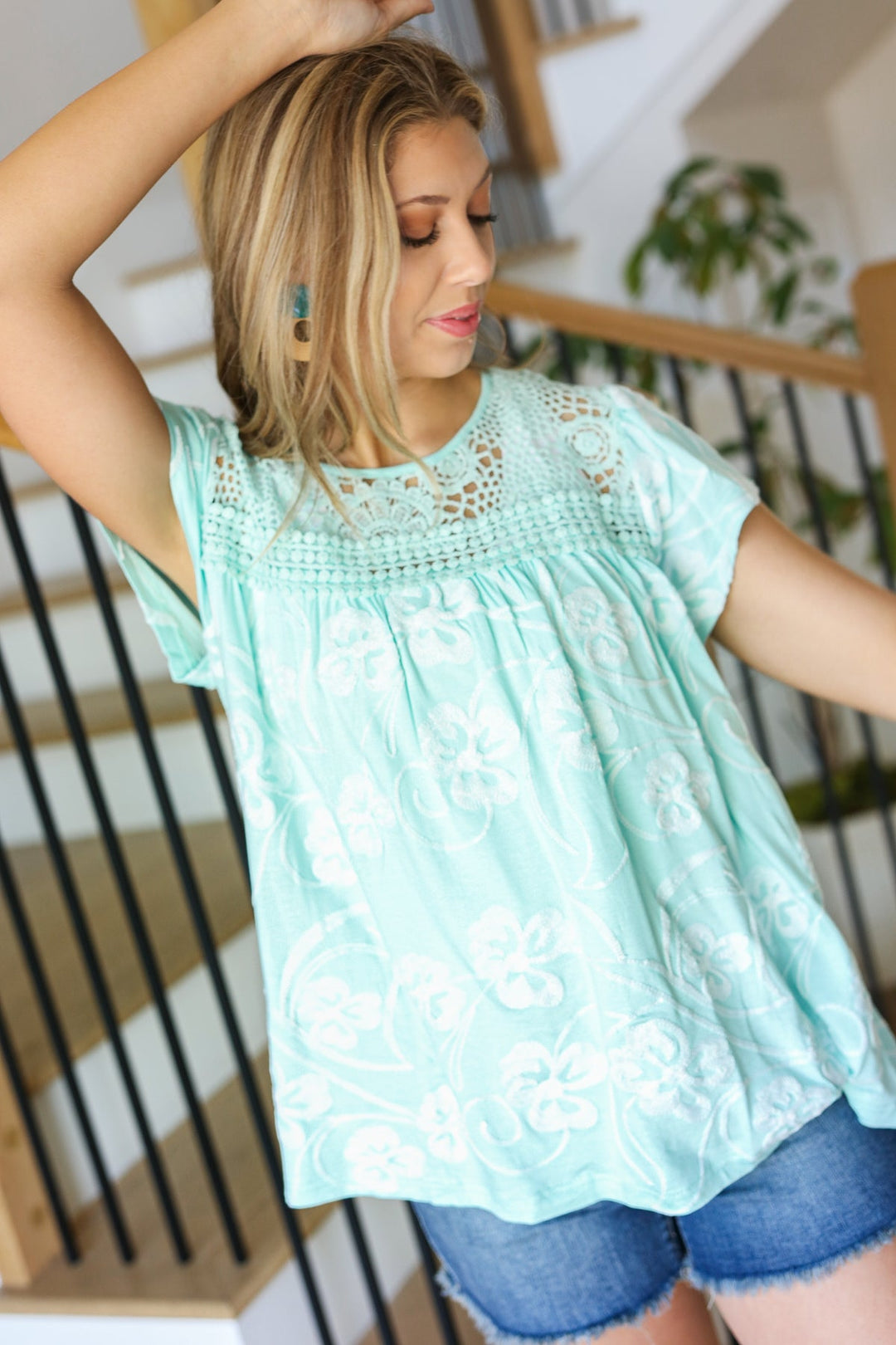 Embroidered Crochet Flutter-Sleeve Top