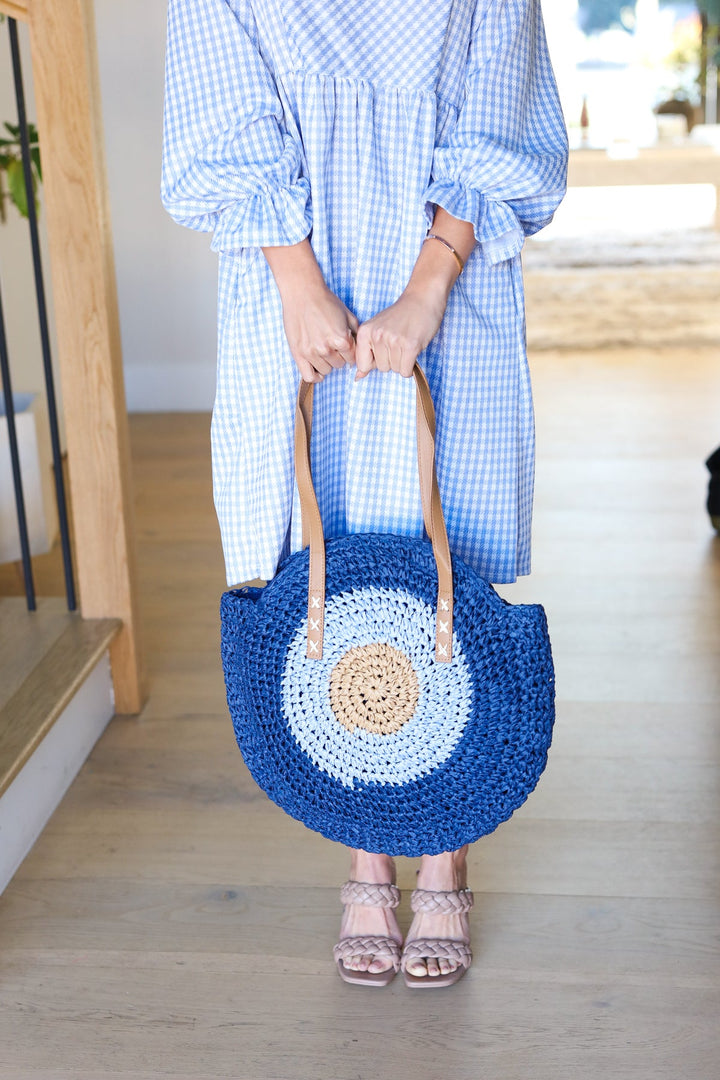 Raffia Woven Circle Bag - Blue