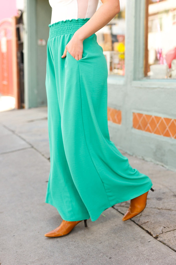 Get Started Smocked Waist Palazzo Pants - Emerald Green