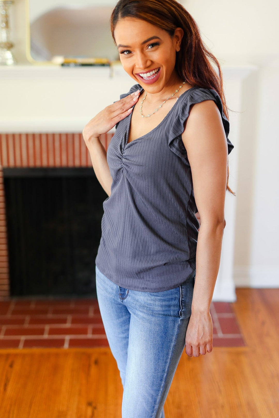 Charcoal Sweetheart Ribbed Top