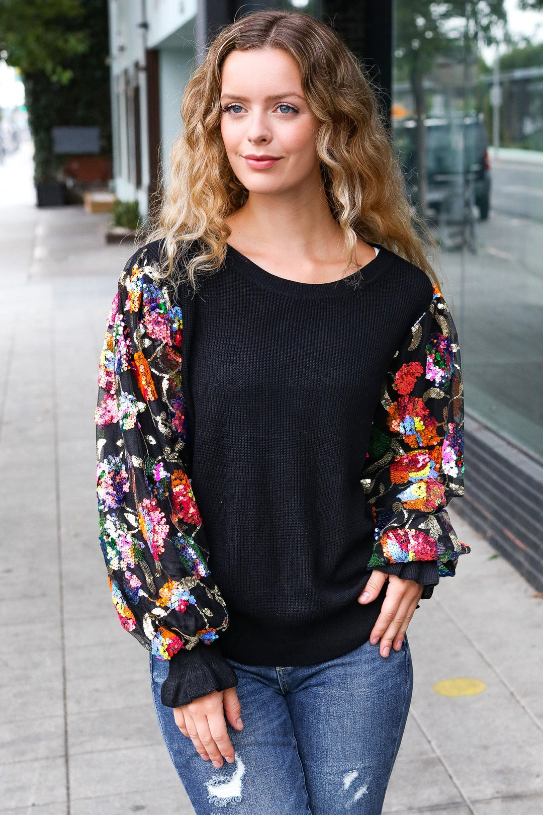 Floral Sequin Mesh Sleeve Knit Top