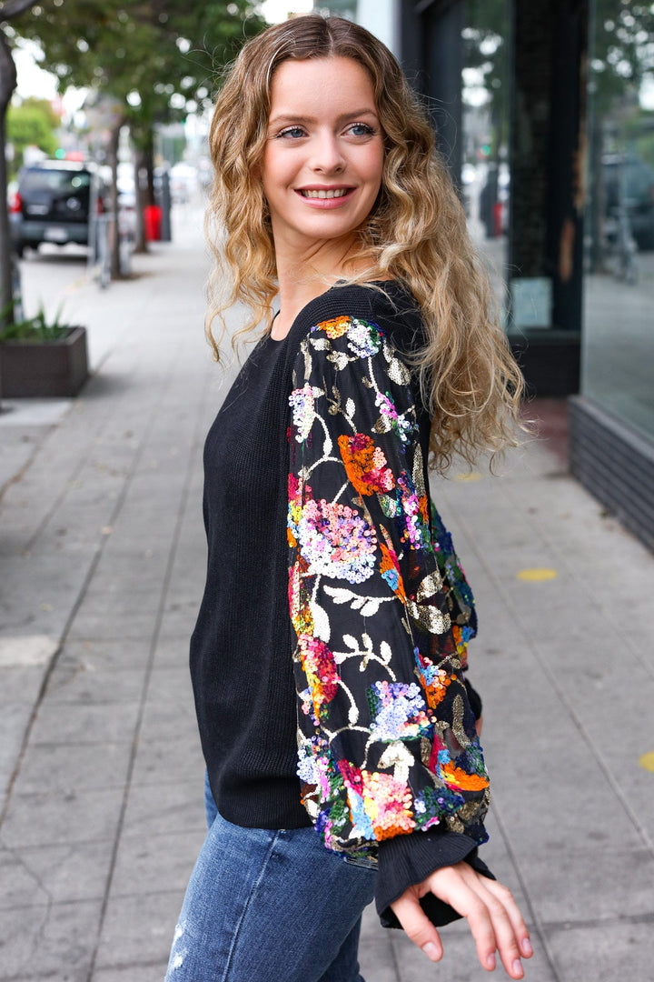 Floral Sequin Mesh Sleeve Knit Top