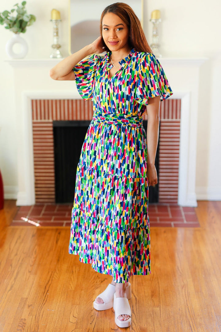 Eyes On You - Abstract Print Smocked-Waist Maxi Dress